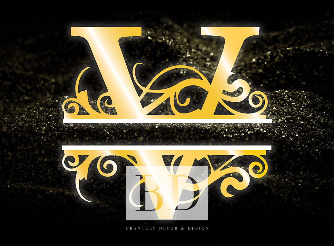 "V” Initial for Gold and Black  -Horizontal Framed Portrait-