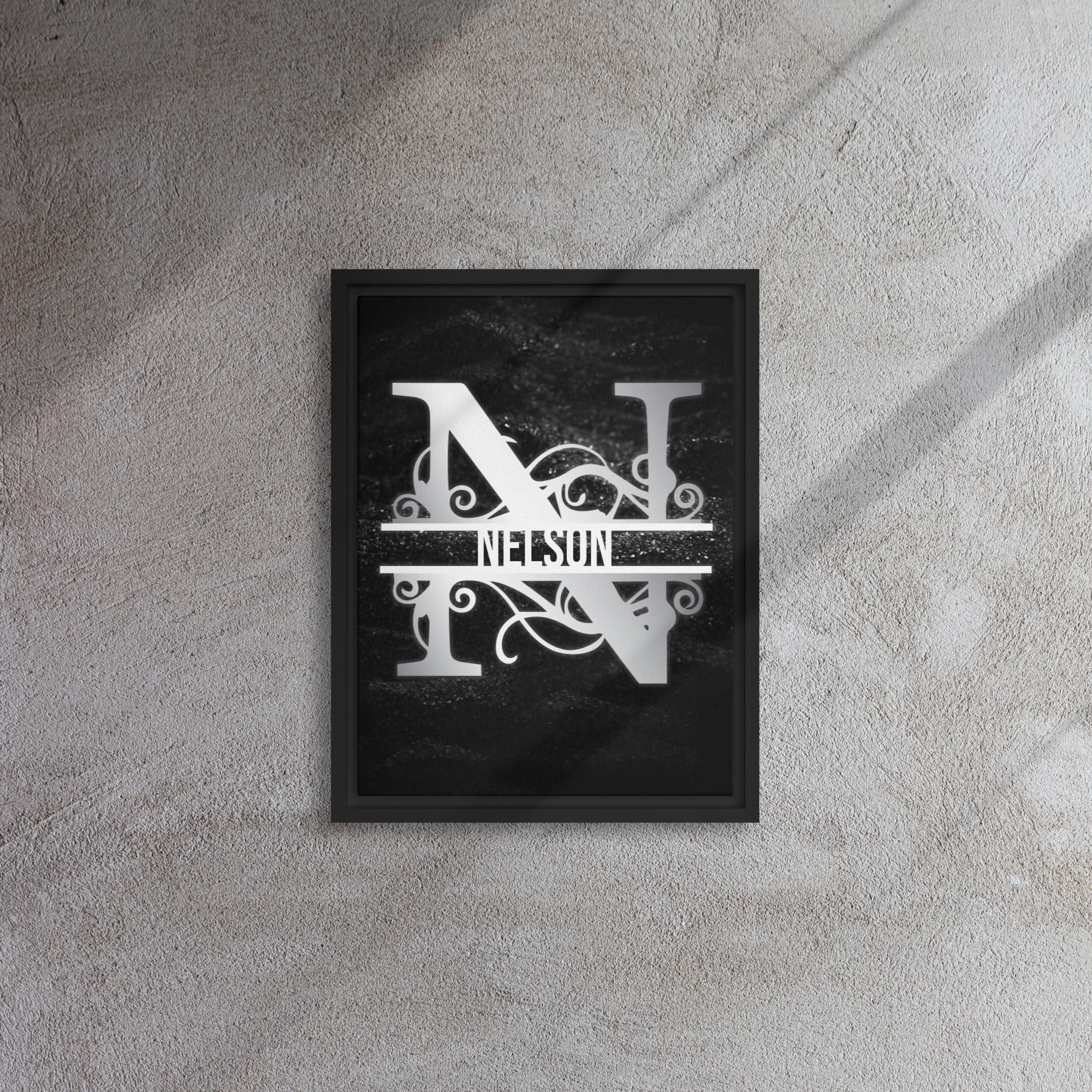 N Black & Chrome Vertical Split Initial Monogram on Canva Black & Chrome Vertical Split Initial Monogram on Canvas