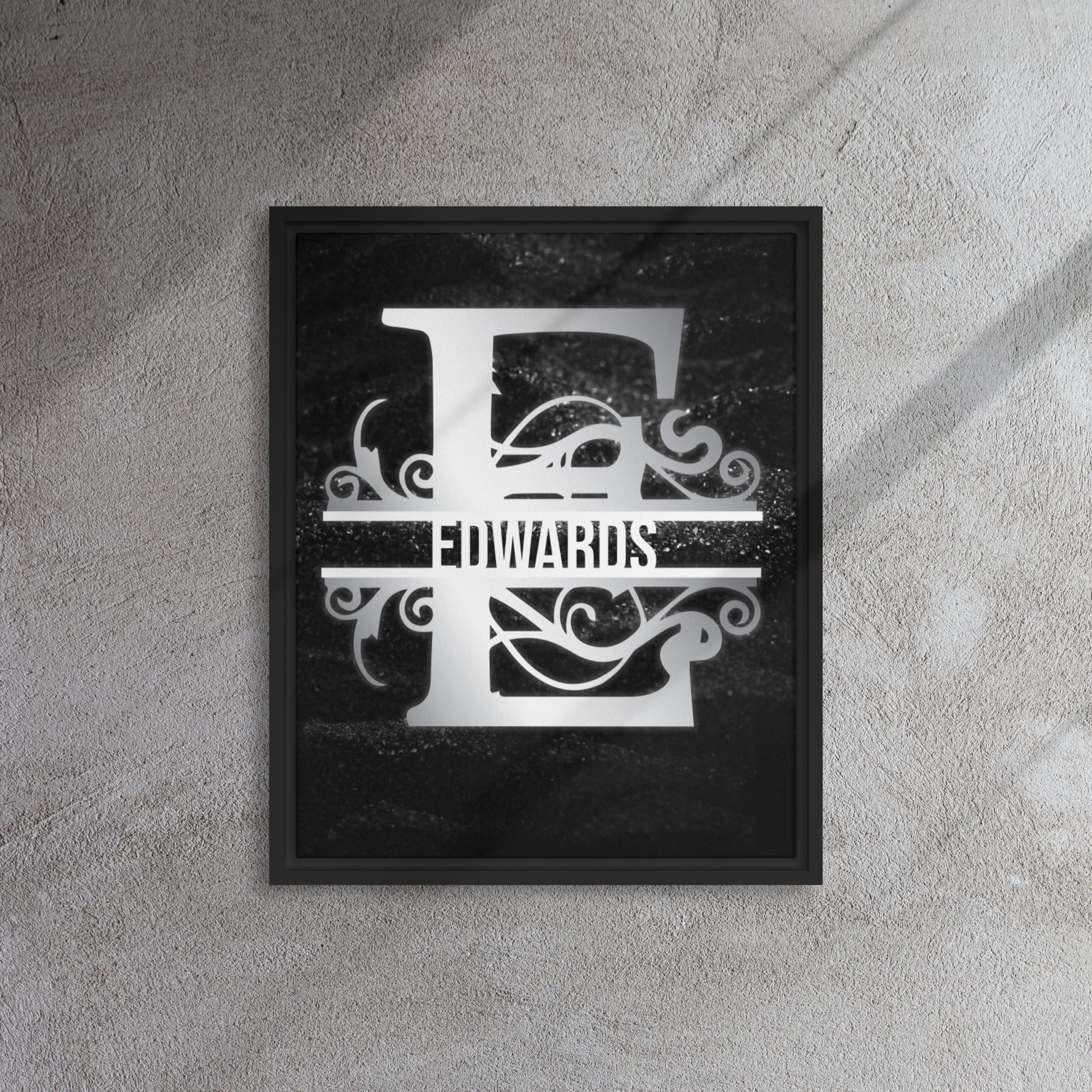 E Black & Chrome Vertical Split Initial Monogram on Canvas