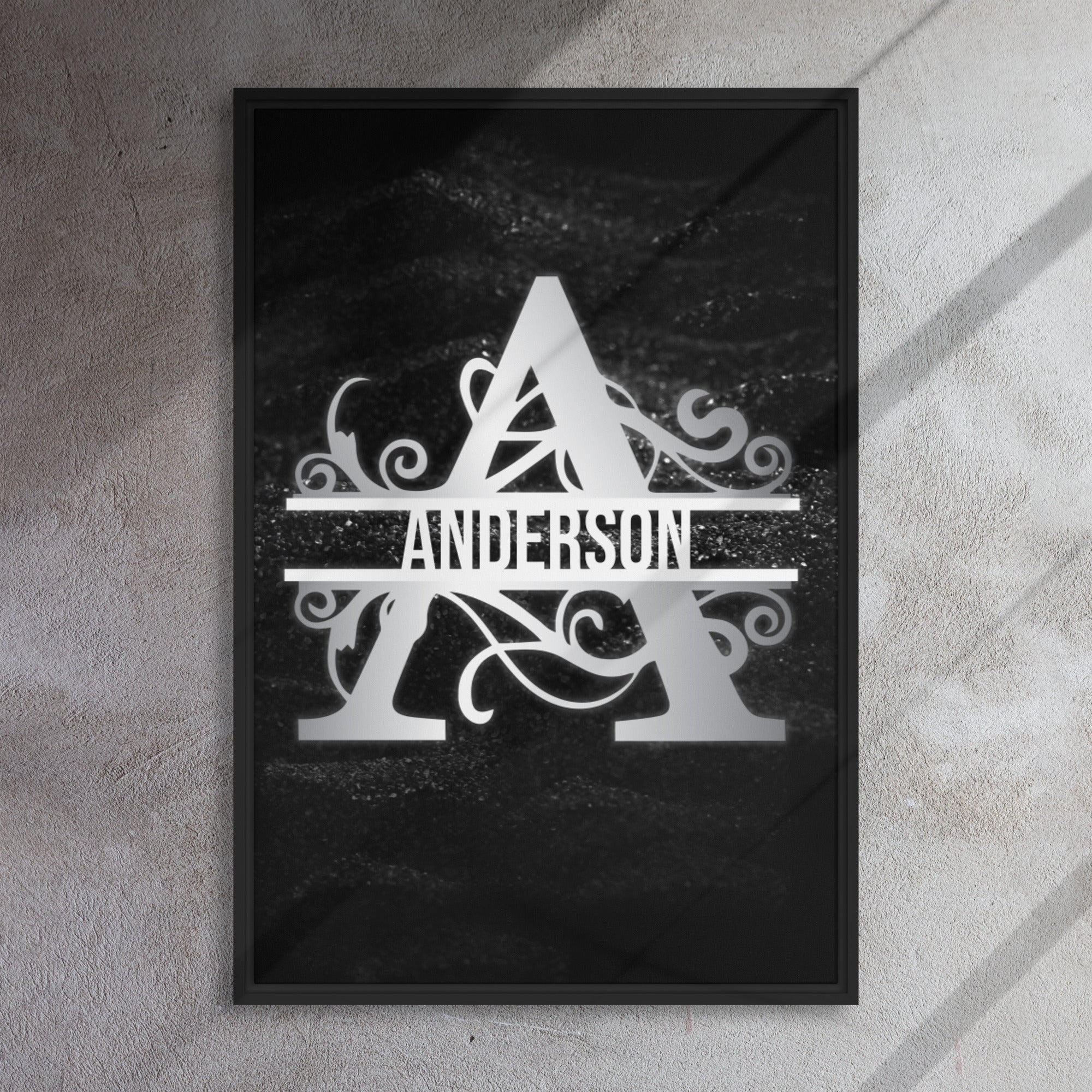 A Black & Chrome Vertical Split Initial Monogram on Canvas