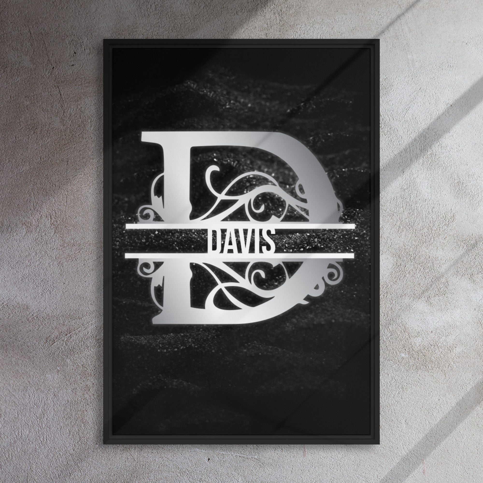 D Black & Chrome Vertical Split Initial Monogram on Canvas