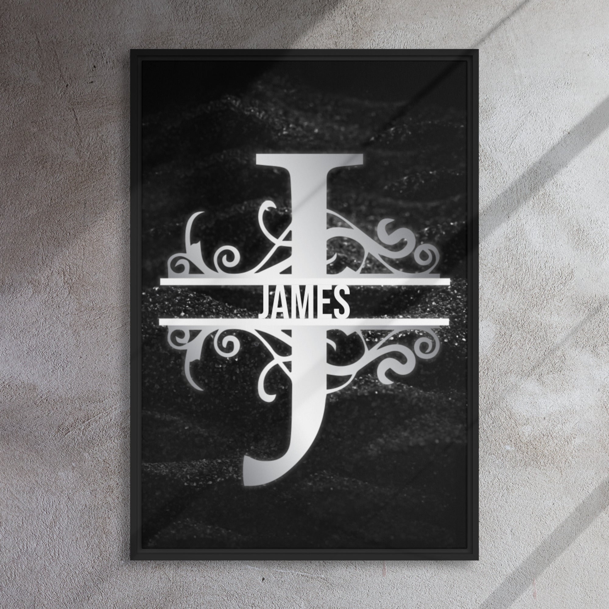 J Black & Chrome Vertical Split Initial Monogram on Canvas