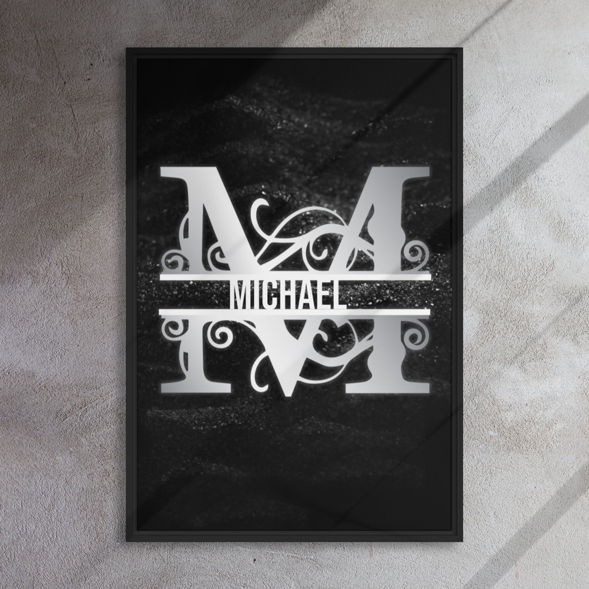 M Black & Chrome Vertical Split Initial Monogram on Canvas