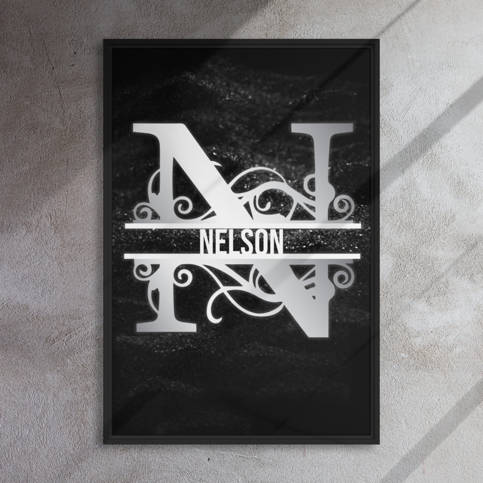 N Black & Chrome Vertical Split Initial Monogram on Canva Black & Chrome Vertical Split Initial Monogram on Canvas