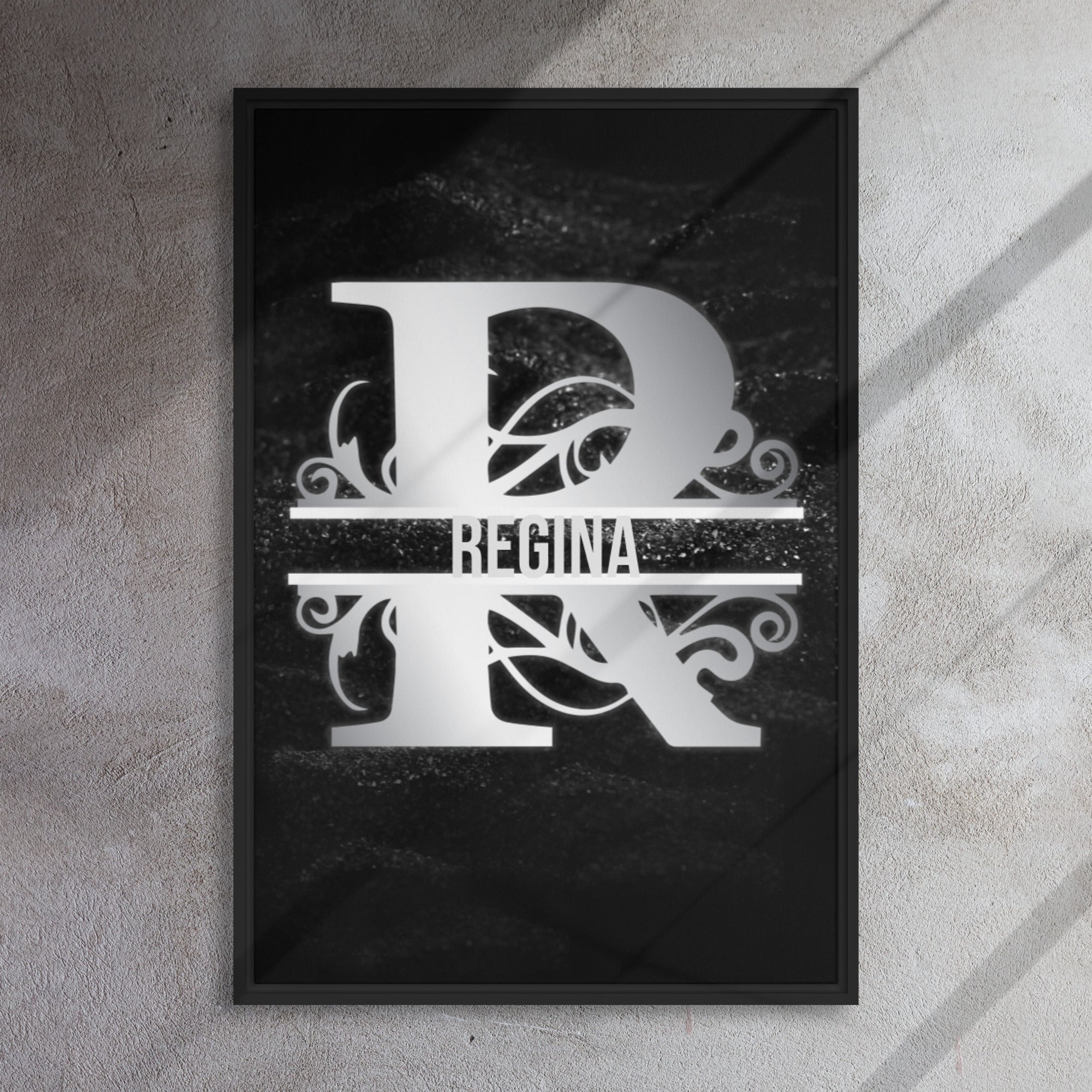 R Black & Chrome Vertical Split Initial Monogram on Canvas