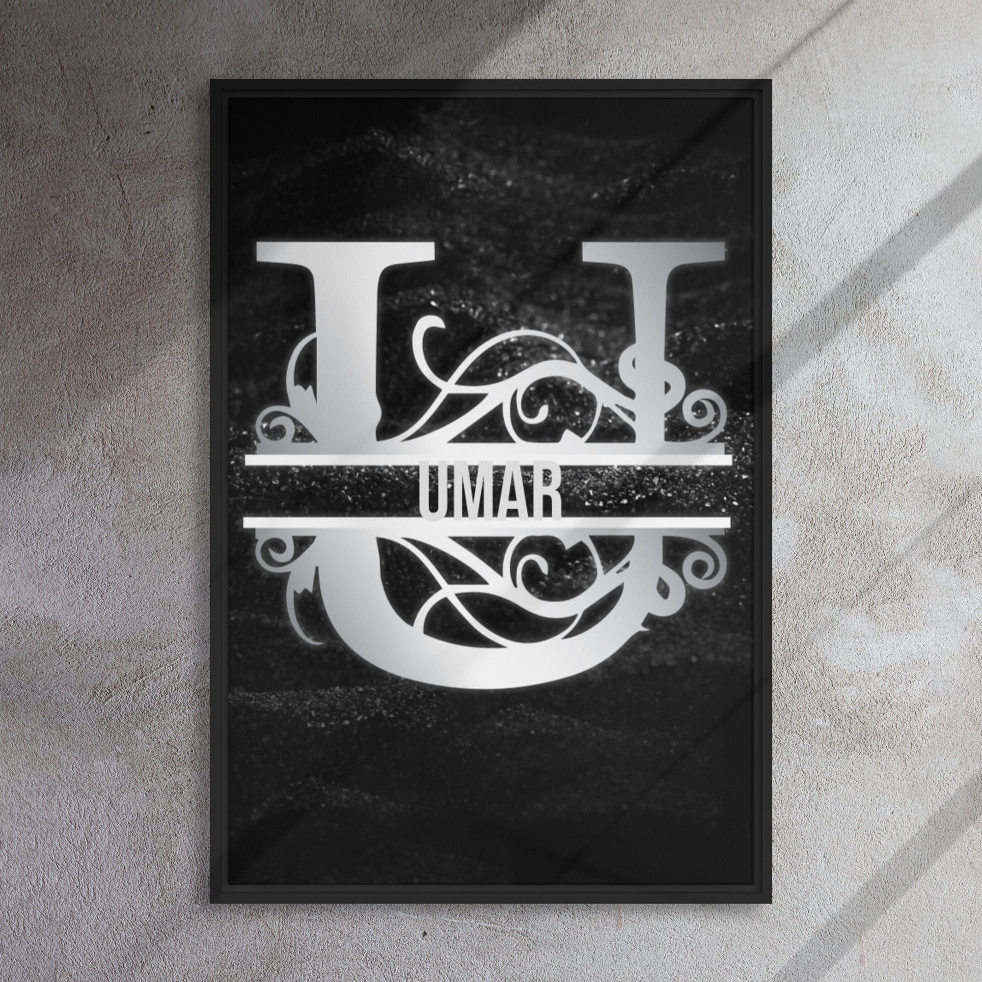 U Black & Chrome Vertical Split Initial Monogram on Canvas