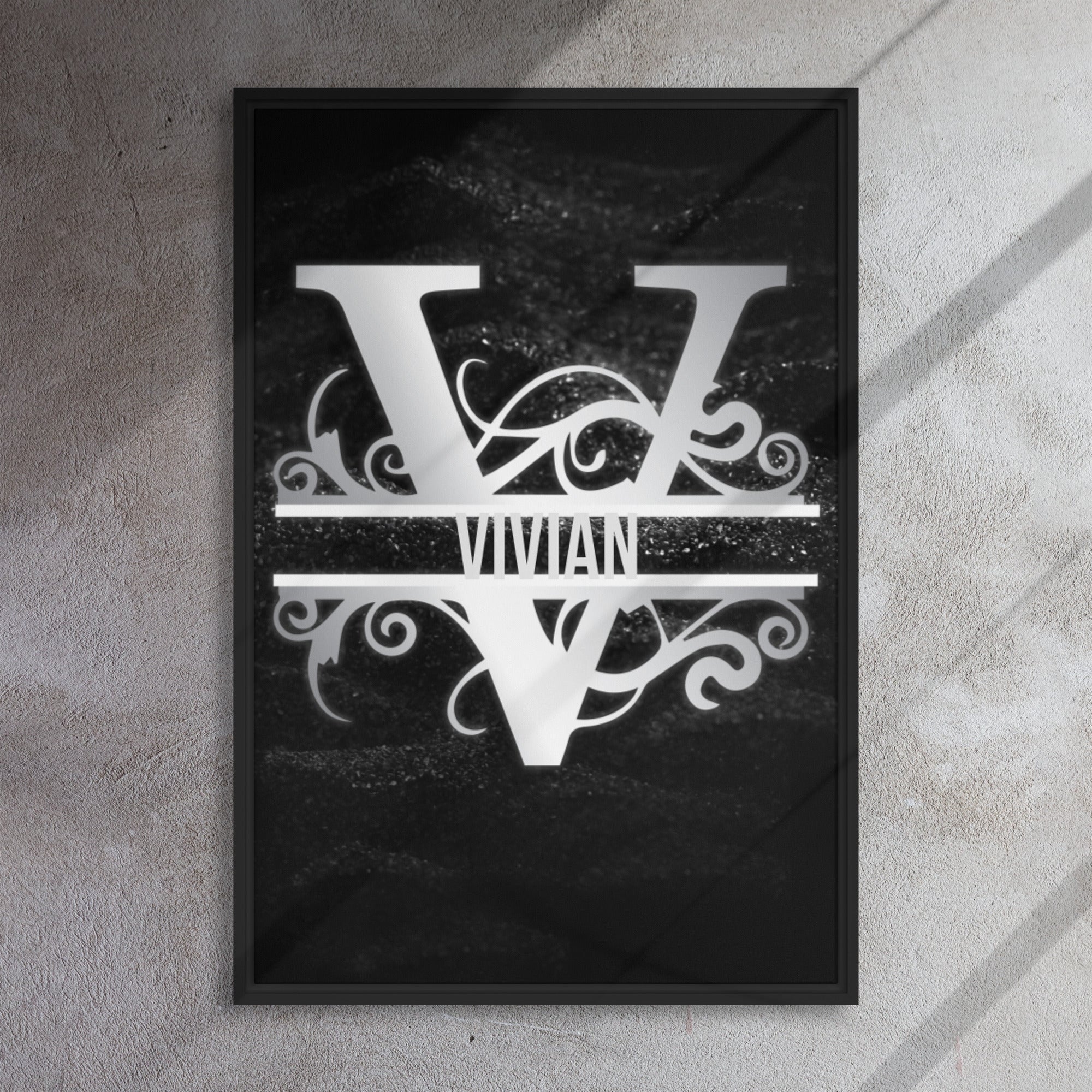 V Black & Chrome Vertical Split Initial Monogram on Canvas