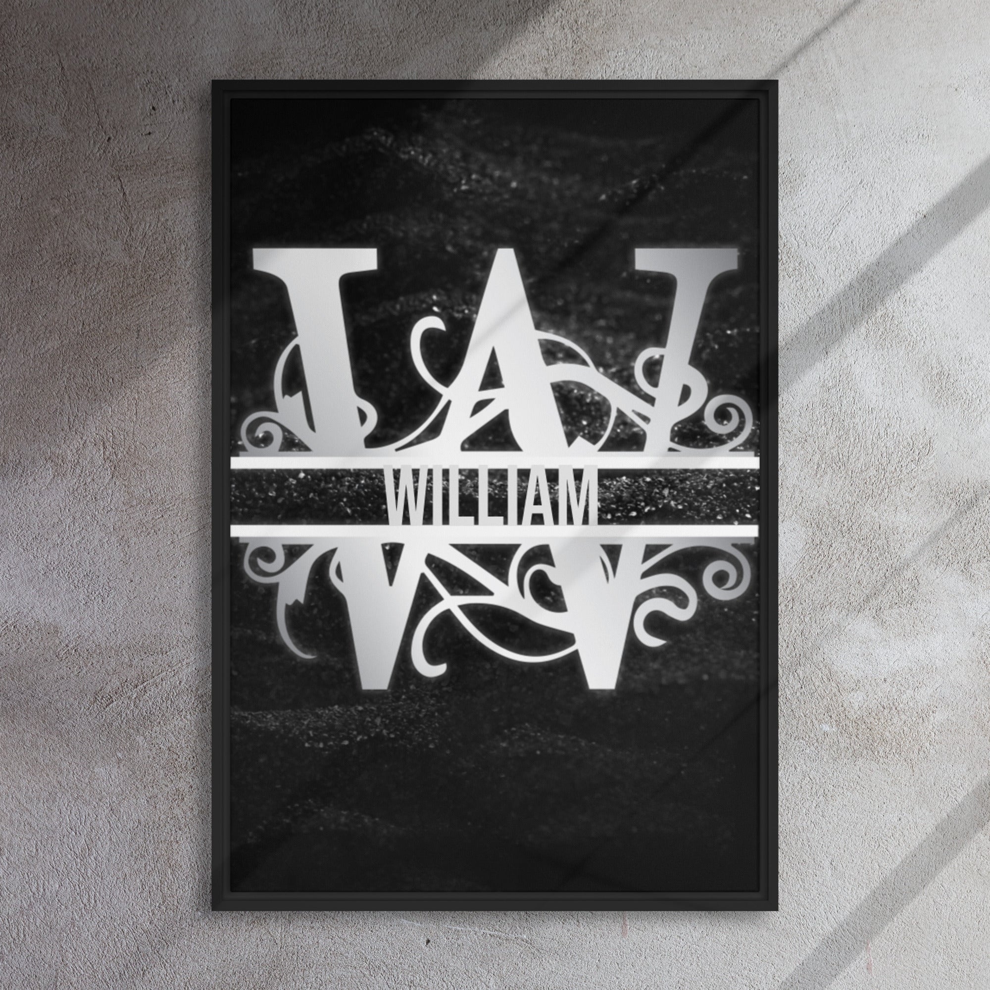 W Black & Chrome Vertical Split Initial Monogram on Canvas